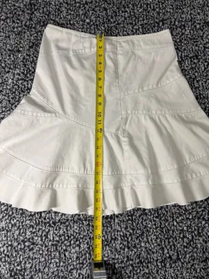 DKNY White Denim Ruffled Mini Skirt Paneled A-Line High Waisted Size 8P 100% Cotton thumbnail 4