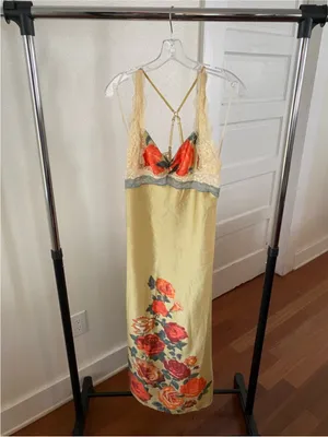 Free People Yellow Satin Floral Slip with Red Rose Accents NEW thumbnail 3