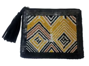 Anthropologie Jasper & Jeera Beaded Sequin Chevron Clutch Bag Black Tassel Glam thumbnail 1