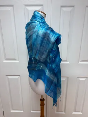 Blue Brushstroke Hand-Dyed Mulberry Silk Scarf -31" x 67" - NEW In Bag. thumbnail 3