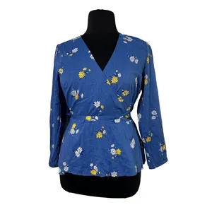 Old Navy Women Large Blue Floral Daisy‎ Wrap Top V-Neck Long Sleeve Blouse NEW thumbnail 4