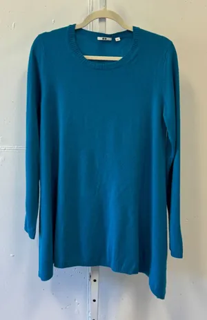 Uniqlo Cashmere Sweater Womens Large Teal Blue Crew Neck Tunic Knit 258-074172 thumbnail 1