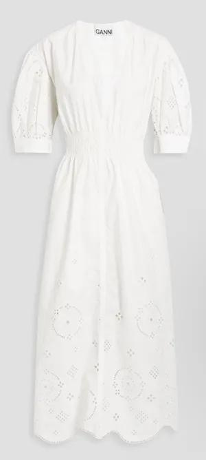 Ganni Organic Broderie Anglaise Eyelet Midi Dress w/Puff Sleeve - Size 34 (US 2) thumbnail 1