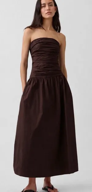GAP Poplin Strapless Drop Waist Midi to Maxi Dress in Terra Brown Large $118 thumbnail 1