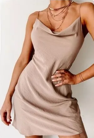 Timing Womens Tan Textured Cowl Neck Spaghetti Strap Mini Slip Dress DR5778‎ M thumbnail 1