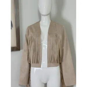 Women’s Boho Western Fringe Faux Suede Jacket Beige Festival Cowgirl Size L thumbnail 2