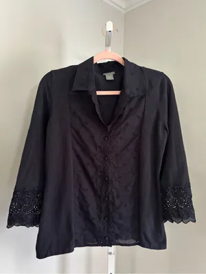 Ann Taylor Silk Blend Mixed Media Black Embroidered & Knit Button-Front Top Sz M thumbnail 2