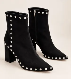 Black Faux Suede Studded Pointed Toe Block Heel Ankle Boots Size 10 10.5 42 thumbnail 1