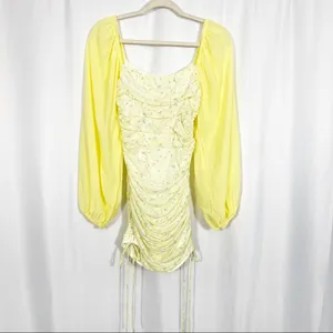 That’sSoFetch Lorde Ruched Puff Sleeve Mini Dress: Yellow Ditsy Floral thumbnail 2