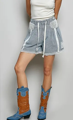POL Light Blue Denim Jean Shorts with White Trim Lg thumbnail 1
