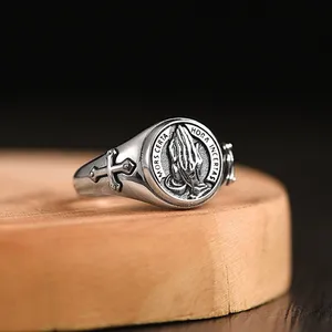 925 Silver Plated Adjustable Cross Praying Hands Ring for Men Women,Punk Hip Hop thumbnail 3