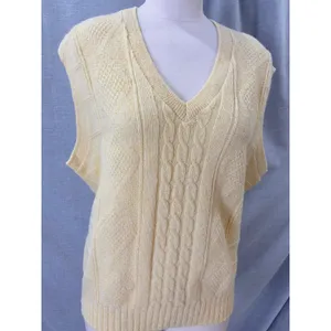 Vintage Style Yellow Cable Knit‎ V-Neck Sweater Vest Sleeveless Pastel Top L thumbnail 2