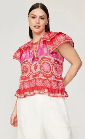 Farm Rio Red Pink Paisley Tropical Floral Blouse Beaded Tassel Boho Resort Small thumbnail 1