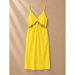 Future Collective Women Dress 2 Yellow Linen Blend Ring Cut-Out Midi Sundress thumbnail 2