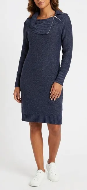 White House Black Market Navy Marled Zip Cowl Neck Knit Sweater Dress Medium thumbnail 1