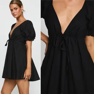 Princess Polly Blissful Black Puff Sleeve Plunge Mini Dress Womens US 10 New NWT thumbnail 4