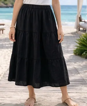 Saks Fifth Avenue 100% Linen Black Tiered Pull On Skirt Coastal Resort Travel XS thumbnail 1