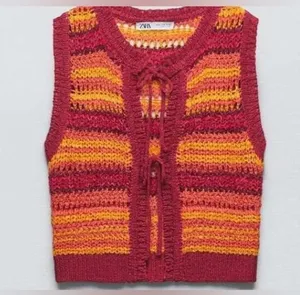 Zara Tie Front Bows tank top knit crochet red orange ganni trendy summer coverup thumbnail 7