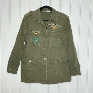 Zara Basic Z1975 Denim Military Utility Jacket Olive Green Embroidered Bird M thumbnail 5