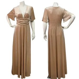 Baltic Born Women's Medium Tan V-Neck Bridesmaid Short Sleeve Velvet Maxi Dress thumbnail 2