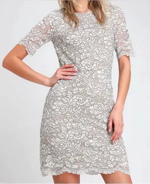 Lulus Women’s Simply Chic Black and Cream Short Sleeve Lace Shift Dress Size M thumbnail 1