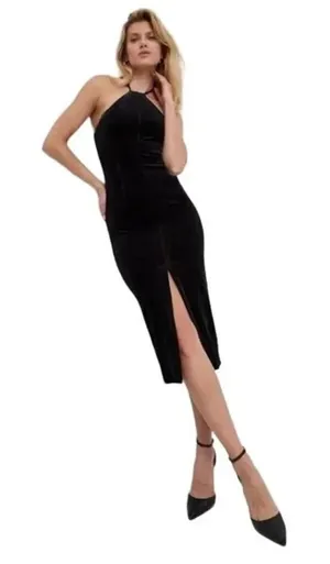 Bardot Alisa Midi Velour Dress Women's 12 Black Halter Knee Length Sleeveless thumbnail 1