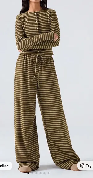 NWOT DolceAmara Striped Wide Leg Pant and Cardigan Set in Brown thumbnail 1
