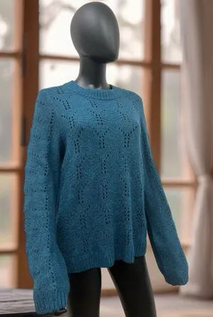 NWT Gap Pointelle Knit Sweater Crewneck Pullover Blue‎ Size L /wool thumbnail 1
