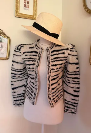 Ulla Johnson Black & Cream Zebra-Print Cropped Teddy Jacket 100%Merino Wool thumbnail 1