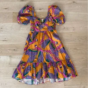 Farm Rio - Macaw Print Puff Sleeve Dress in Orange & Purple Multi thumbnail 1