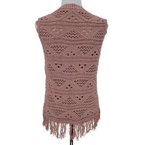 Crochet Open Knit Top Fringe Womens Size M Rose Pink Boho Beachy Coastal thumbnail 2