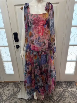 AUDREY PARKS+francesca's Floral Tiered Maxi Dress Tie Straps - Pink Multi S M thumbnail 2