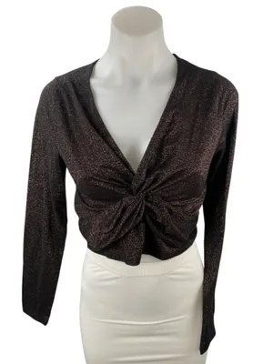 Abercrombie & Fitch Womens Brown Glitter Long Sleeve Twist Front Crop Top Size M thumbnail 1