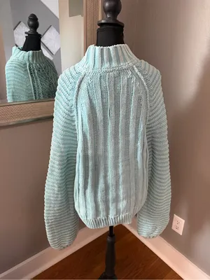 Free People Sweetheart Sweater Blue Chunky Knit Ribbed Mock Neck Medium thumbnail 4