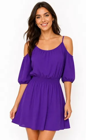 White House Black Market XS Mini Dress Silk‎ Cold Shoulder Smocked Purple thumbnail 1