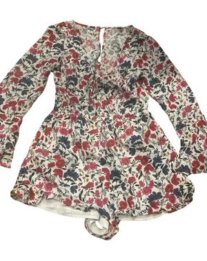 American eagle Size Medium (M) Floral Long Sleeve Miniromper Ivory Red Blue thumbnail 1