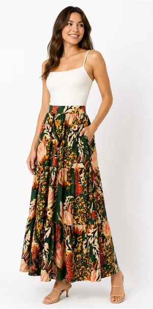 NWT‎ Pearl Pagoda Monarch Butterfly Green Tiered Cottagecore Maxi Skirt thumbnail 1
