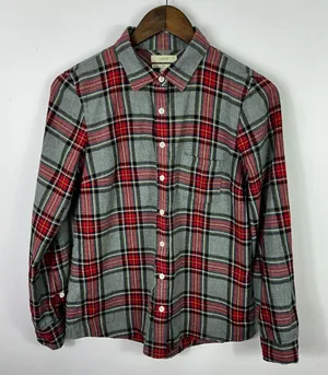 J. Crew Plaid‎ Flannel Button Down Boy Fit 4 Grey Red Tartan Holiday Preppy thumbnail 1