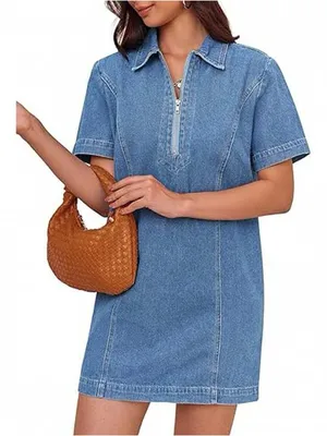 Boutique Denim Mini Dress Short Sleeve Summer Casual Half Zip thumbnail 1