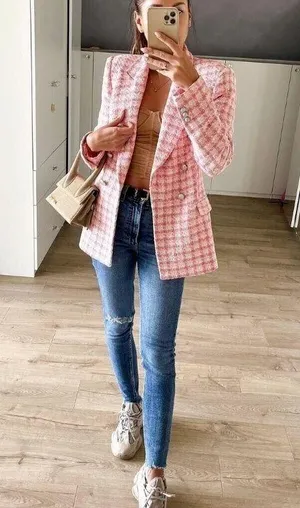 Bloggers Fave Zara Textured Tweed Checkered Pink White Double Breasted Blazer thumbnail 1