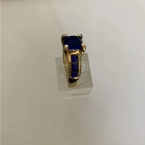 BLUE SAPPHIRE EMERALD CUT STONE CZ YELLOW Rhodium Plated RING SIZE 6 thumbnail 2