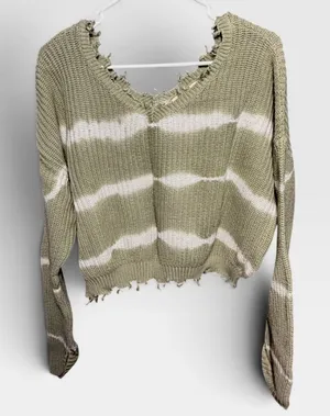 Women's Jessica Simpson Distressed Knit Sweater Green White Striped Size L thumbnail 1