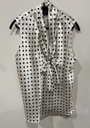 Nine West Black and White Polka Dot Satin Blouse with Tie Neck Size L thumbnail 1