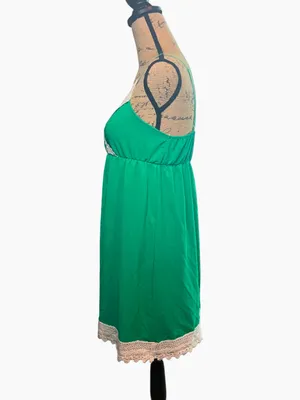 Green Babydoll Dress with White Lace Trim & Adjustable Straps thumbnail 3