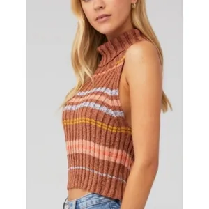 Free People L Edith Striped Turtleneck Sweater Brown Crop Tank Sleeveless Ribbed thumbnail 2