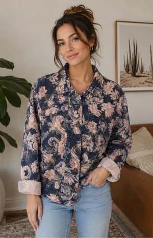 Vintage Jean Jacket Paisley denim Floral Tapestry cottagecore teacher granny thumbnail 1