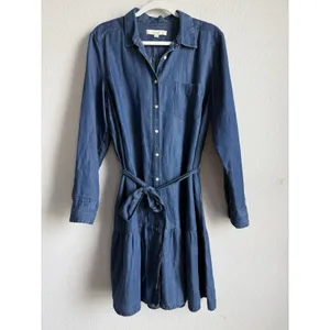 LOFT Chambray Flounce Shirt Dress Tie Waist Long Sleeve Blue Women Large Coastal thumbnail 11