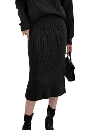 NEW Black Sweater ribbed Knit MIDI Skirt M thumbnail 2