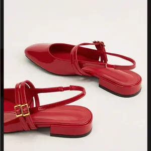 Red patent faux leather square toe double strap buckle strappy flats thumbnail 2