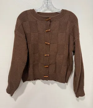 Blu Pepper women’s check pattern textured  Brown Toggle Cardigan size S thumbnail 1